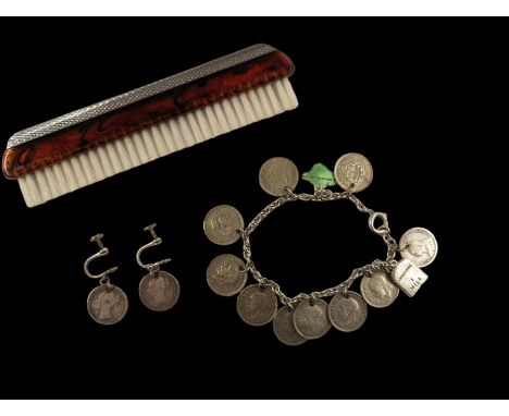 Coin charm bracelet, with mainly silver three pence coin charms, matching pair of earrings and a silver plate comb