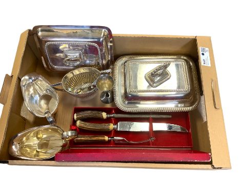 Three piece antler handled carving set, in box, together with a small quantity of silver plate, to include a entree dish and 