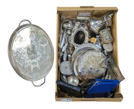 Collection of silver plate, including trays, cutlery, jugs, etc