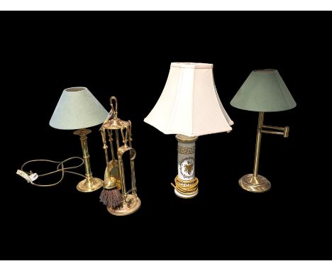 Adjustable brass lamp, Porcelain de France lamp and one other brass lamp, together with a brass fireside compendium 