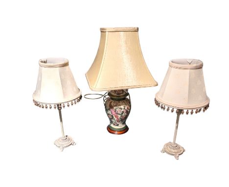 Pair of table lamps with cream beaded shades and a Rochamp Kutani table lamp