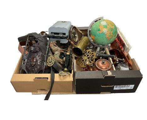 Ever Ready lamp, together with horse brasses, shell cases and other items, in two boxes 