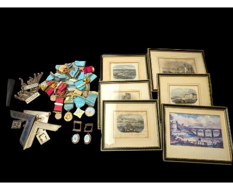 Local interest - various engravings relating to Scarborough and various Masonic jewels, including two silver examples