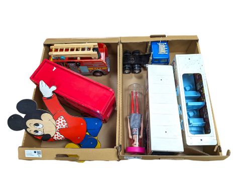 Hamleys wooden bus with passengers, wooden fire engine and a American Nylint Rockford truck, etc
