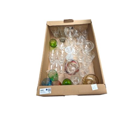 Collection of glassware, to include coloured drinking glasses, Caithness vase, etc