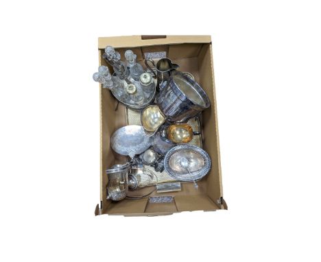 Silver spoon, hallmarked and a collection of silver plate, including tray, cut glass cruet set, Vogel ice bucket, etc