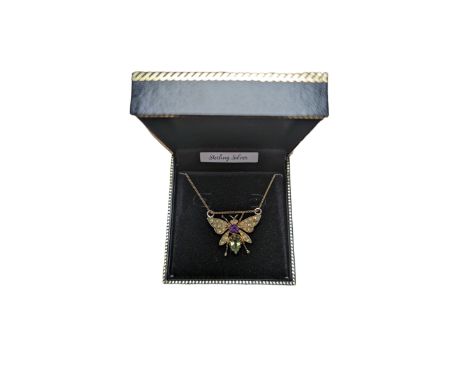 Silver gilt peridot, amethyst and opal butterfly pendant necklace, boxed 