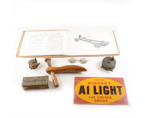 Tin advertising sign, 'Ringer's A1 Light', two brass fishing reels, a selection of ceramic jelly moulds, mahogany butler's cu