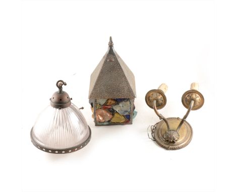 A gilt gesso scallop-shaped bracket light, the scallop bowl measuring 25cm wide; a metal hall lantern, and other lighting.