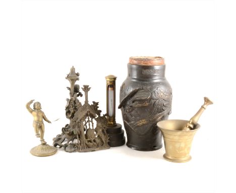 A Chinese bronzed vase, baluster shape, relief decorated, 35cm, serving as a lamp base; brass mortar and pestel; and other it