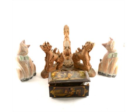 Box of wooden items including pot stands, railway lamp,etc.