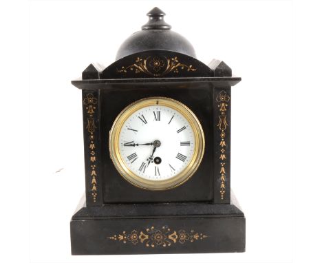 A French black marble mantel clock, white enamelled dial, cylinder movement by Mougin, 32cm.