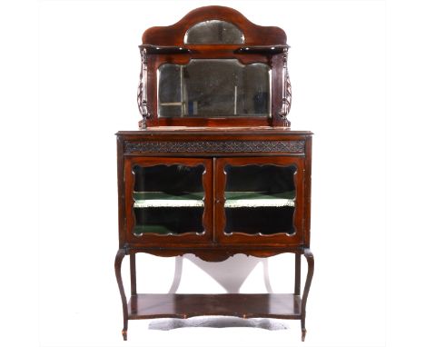 A late Victorian stained wood mirror back chiffonier, base section with a blind fret frieze, over two glazed panelled doors, 