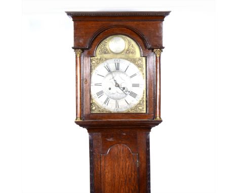 An oak longcase clock, arched brass dial signed Jos. Atkinson, Gateshead, silvered chapter ring, centre sweep date dial, eigh