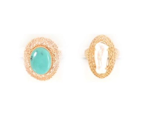 A turquoise dress ring, the oval cabochon cut turquoise collet set in yellow metal with filigree border 25mm x 20mm, part fil