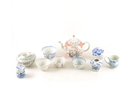 A Chinese Export porcelain teapot, painted with Mandarin figures, matched lid, 15cm; and a collection of mostly oriental porc