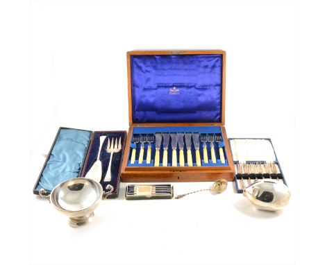 A set of twelve fish knives and fork, Mappin &amp; Webb, plated blades, ivorine handles, in a fitted oak case; a pair of fish