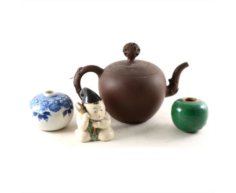 A Yongzheng type Redware teapot, near spherical form, 19cm; a green monochrome brush pot; a blue and white brush pot; and a J