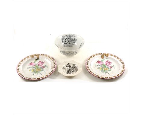 A Staffordshire octagonal nursery plate, printed with a sportsman, width 14cm; Staffordshire basin, Sailor's Farewell; and a 