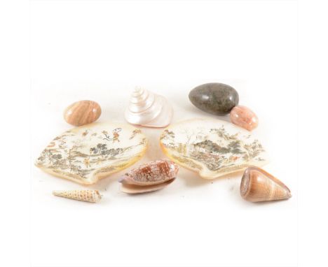 A pair of mother-of-pearl shells, with painted Chinese decoration, 21cm; other seashell; hard stone eggs, etc.