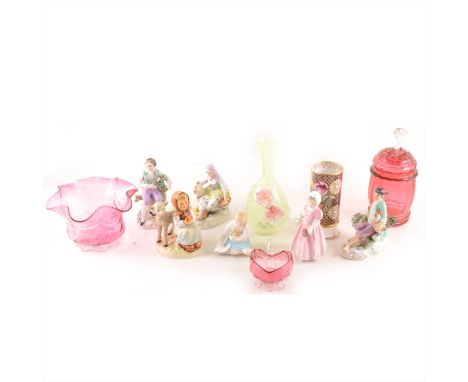 Six figurines, three cranberry glass dishes/jars, a pale green glass vase, Spode cylindrical vase.
