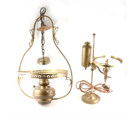 A Victorian pendant lamp and a mid 19th Century Queens reading lamp, both adapted for electricity, (Qty: 2)