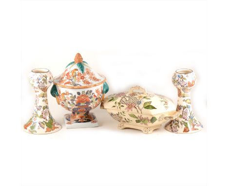 Victorian frosted glass vase with gilt decoration, adapted as a lamp base, 33cm; two Staffordshire tureens and other ceramics