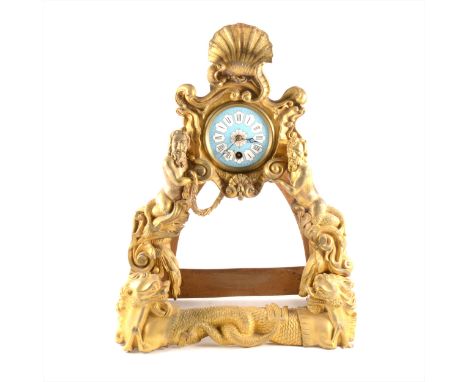 A French gilt metal 'Neptune' portico clock, incomplete, blue enamelled dial, 42cm.