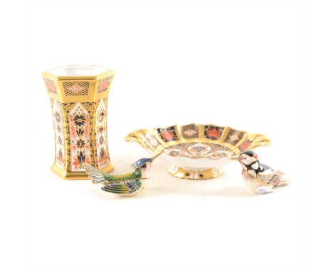 A Royal Crown Derby Imari hexagonal vase, 1128, 11.5cm; similar dish 16cm; two enamel bird trinket pots with applied crystals