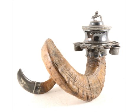 Scottish table snuff mull, Sheffield plate mounts, hinged cover with horse and gate finial, approx 35cm long, 25cm high.