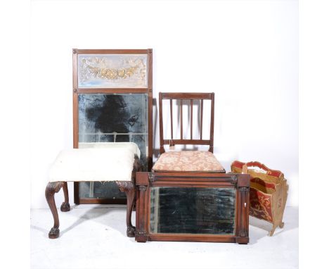 A Victorian mahogany dining chair, moulded vertical rails, drop-in seat, 88cm; carved wood stool, calico covered; a footstool