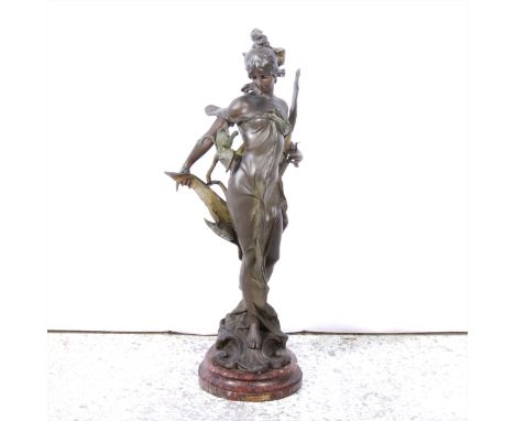 A patinated spelter Art Nouveau figural lamp base, 'L'iris Brise' after Anton Nelson, on a turned rouge griotte base with tit