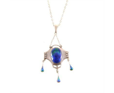 A Charles Horner silver and enamel pendant, the pendant with a blue and green enamelled panel and three droppers, with integr