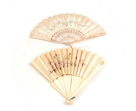 One folding fan with mother-of-pearl guards and sticks, silk and lace leaves with floral design, height - 23cm, span - 42.5cm