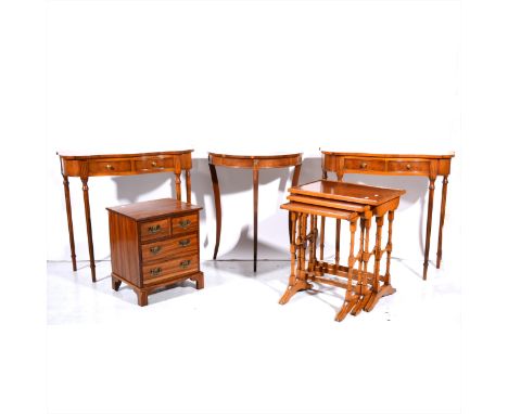 A pair of reproduction yew wood side tables, serpentine front with two drawers, width 80cm; a reproduction yew wood console t