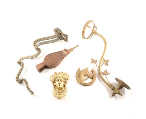 An Edwardian brass oil lamp bracket, scrolled branch, depth 38cm; other lamp brackets, fitments, etc.