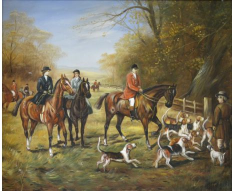 English School, The Hunt by a gate, oil on canvas, 50cm x 70cm; and a very similar composition. (Qty: 2)