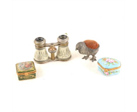 Two Limoges enamel boxes, white metal and brass opera glasses, and a large white metal chick pin cushion. (Qty: 4)