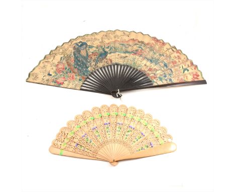 One brisé fan, wooden guards and sticks, pansies painted onto alternating sticks, height - 24cm, span - 43.5cm, one folding f