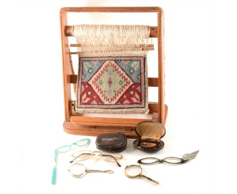 Gilt metal lorgnette and folding spectacles, including Christian Dior, and a tabletop loom, and a 9ct gold signet ring set wi