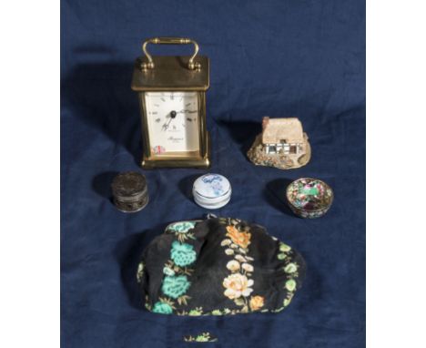 A small carriage clock, two pill boxes, and other items