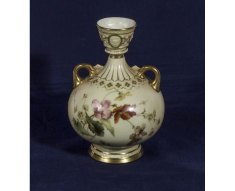 A Royal Worcester blush ivory twin handled vase decorated with wild flowers, shape 1109 date marks for 1893. 16cm tall