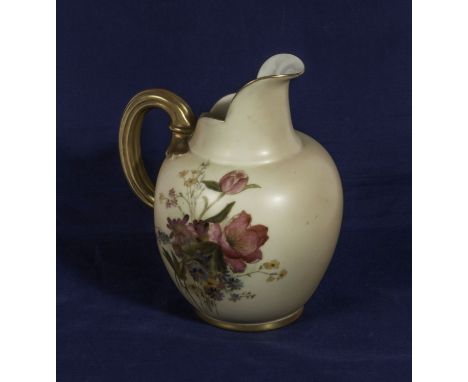 A Royal Worcester blush ivory jug shape 1094 decorated with wild flowers, date marks for 1908. 17cm tall