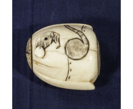 An ivory and bone netsuke rat in a sack