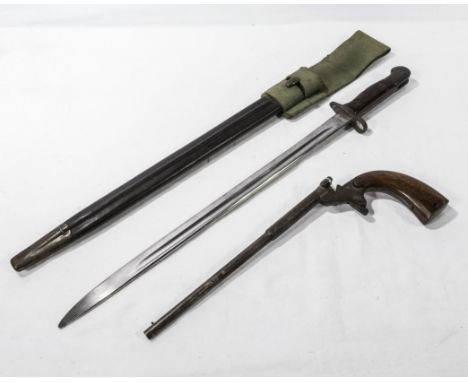 A WWI bayonet with scabbard and frog together with a de-activated pistol