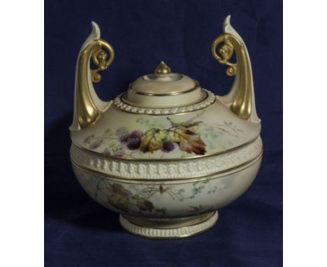 A Royal Worcester blush ivory twin handled po pourri decorated with wild flowers, shape 1246. date marks for 1893. 20cm tall 