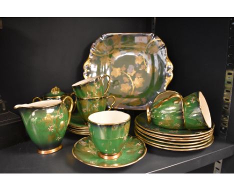 A rare coffee service by Carleton ware in the Vert Royal pattern, six cups and saucers with side plates, a large cake plate, 