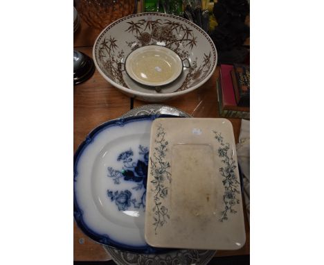A selection of large ceramic serving dishes and charger including large bamboo wash bowl