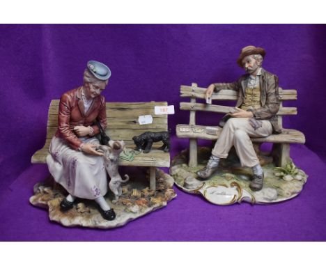 Two Capodimonte figure base studies of man and lady on bench