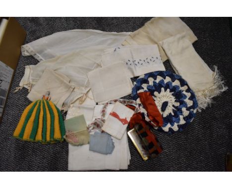 A mixed collection of ladies items and accessories including handkerchiefs, tea cosy with ceramic half doll to top and more.